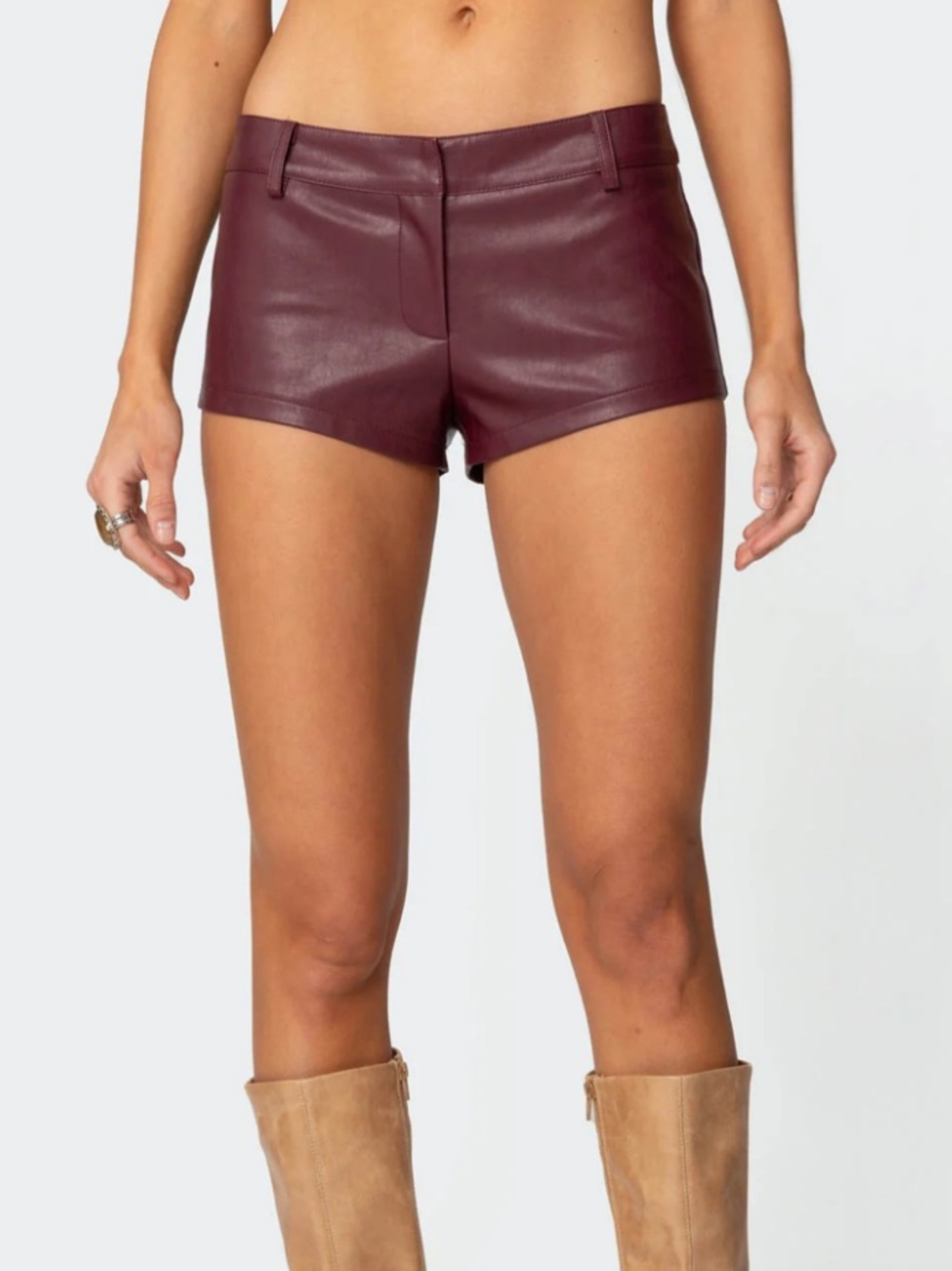 Edikted Melaney Faux Leather Micro Shorts Burgundy